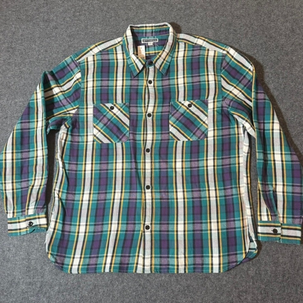 Wallace & Barnes Mens XXL Plaid Flannel Button Down Shirt Teal Purple Work NEW